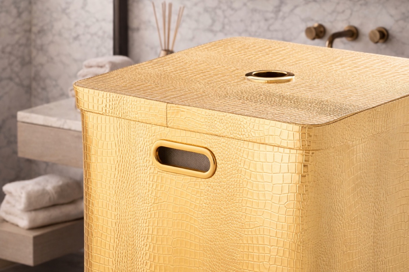 Croco-embossed laundry basket with gold trim
